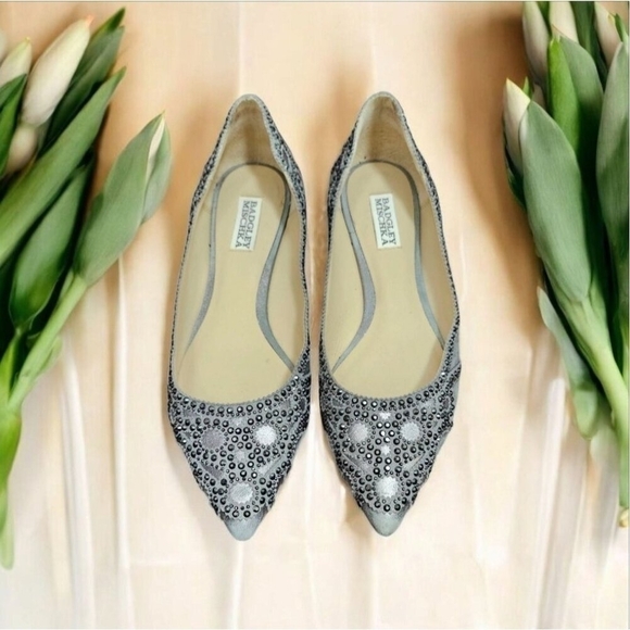 Badgley Mischka Gunmetal Gigi Crystal Platinum Pointed Toe Ballet Flats Shoes 9 - Picture 15 of 15
